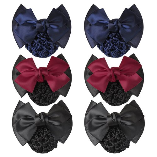 TXIN 6 Pieces Women Hair Snood Net Bowknot Decor Barrette Elastic Mesh Hair Bun Cover Satin Bow Crochet Hairnet Professional Hair Clip Hairpin for Women Girls Working Styling Accessories, 3 Colors