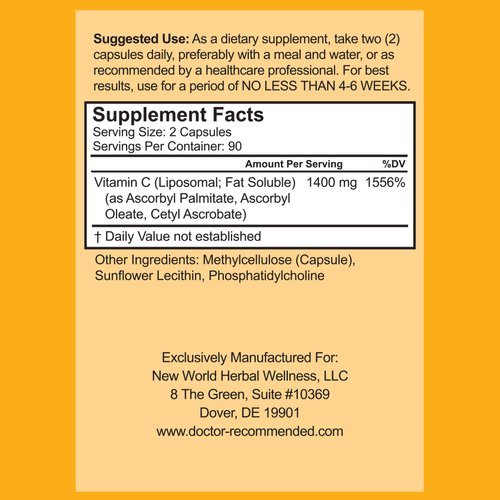 Liposomal Vitamin C 1400mg Per Serving - 180 Veggie Capsules High Absorption Ascorbic Acid, Lypo-Spheric Vitamin C Complex Immune Support Supplement with Powerful Antioxidants and Collagen Booster