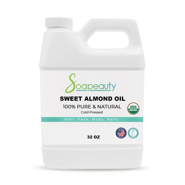 Soapeauty Sweet Almond Oil Cold Pressed Refined USDA Organic | 100% Pure Sweet Almond Oil Available in Bulk | Carrier for Essential Oils, Almond Oil for Skin, Face, and Hair, Soap Making | 32 fl oz