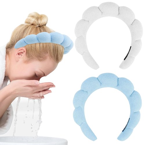 BEGOOD Spa Headbands for Washing Face Bubble Skincare Headband Sponge Makeup Headband Terry Towel Cloth Fabric Hair Band Puffy Headband Combo Pack- Set of 2 (Blue and White)