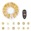 DANNEASY Gold Nail Studs Metal Nail Charms 3d Nail Art Charms Manicure Decoration Kit Star Moon Shell Cross Flower Nail Jewels with 1pc Curved Tweezers, Wax Pen (6 Wheels)