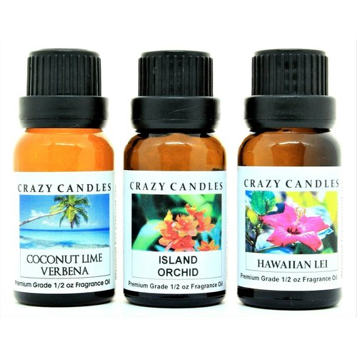 Crazy Candles 3 Bottles Set, 1 Coconut Lime Verbena, 1 Island Orchid, 1 Hawaiian Lei 1/2 Fl Oz Each (15ml) Premium Grade Scented Fragrance Oils