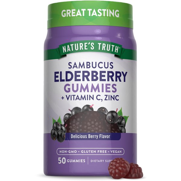 Nature's Truth Black Elderberry Gummies | 50 Vegan Gummies | with Vitamin C and Zinc | Berry Flavor | Vegan, Non-GMO, and Gluten Free Supplement