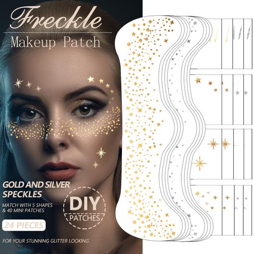 24 Sheet Glitter Freckles Face Tattoo Makeup Patch Gold & Silver Freckles Waterproof Temporary Tattoos Self Adhesive Fake Tattoos Cute Glitter Makeup Accessories for Women