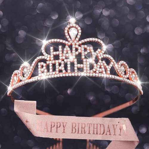Yean Birthday Silver Tiaras Crown Crystal Princess Crowns Rhinestone Tiara with Comb Headband Sash Crown for Women a n d Girls (Rose Gold)