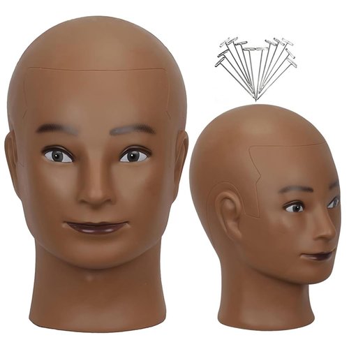 HAIRWAY Male Bald Mannequin Head Professional Cosmetology Training Head Bald Manikin Head for Wigs Making and Display Doll Head with Free T-pins (Brown)