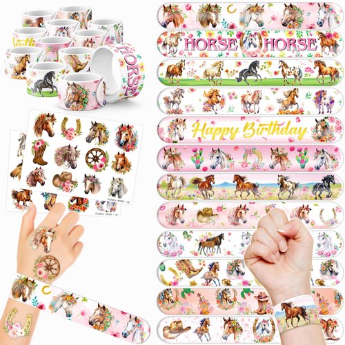 48 Floral Horse 24PCS Floral Horse Temporary Tattoos Sticker 24PCS Slap Bracelets Perfect for Themed Birthday Party Favors Baby Showers or Classroom Rewards Ideal Decor and Gifts for Girls and Boys