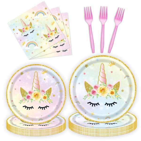 96 Pcs Birthday Plates and Napkins Party Supplies, Gold Horned Horse Disposable Forks Paper Dessert Tableware Decorations Table Dinnerware Favors Set, Serves 24