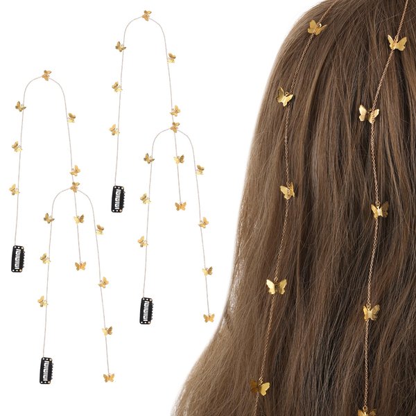 Andibro 4Pcs Butterfly Hair Chain, Long Tassel Hair Chains for Braids, Golden Butterfly Hair Clip Chains Butterfly Hair Accessories for Girls Children Bridal Wedding Accessories