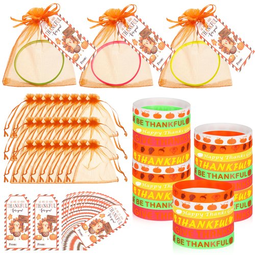 Liliful 72 Pcs Thanksgiving Gifts 24 Set Silicone Wristbands with Gift Label Tags and Organza Bags Turkey Day Gifts Fall Pumpkins Goodie Bag Fillers