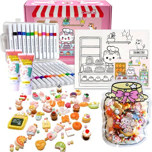 COOLORCAT Paint Pre-Drawn Canvas Cute Decoden 60+ Charms Craft Kit, 24 Acrylic Markers DlY Art Supplies Arts and Crafts for Kids Ages 6-12 Toys Girls Boys Birthday Gift (Kitty Bakery)