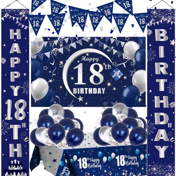 18th Birthday Decorations for Boys and Girls Blue, Happy 18th Birthday Door Backdrop Banner Balloons 18 Years Old Birthday Porch Sign Party Supplies with Latex Balloons Decor 18th Bday Boy Her Him