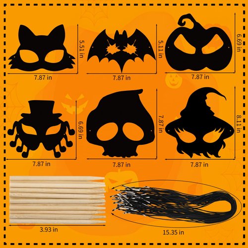 JMUQ Halloween Crafts Scratch Mask for Kids, 36Pcs Halloween Games Scratch Art Craft Kit Rainbow Scratch Paper for Halloween Party Favors Supplies Classroom Favors Halloween Activities