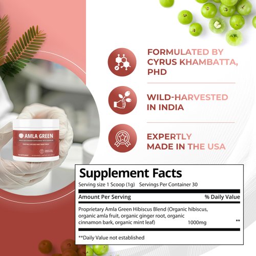 Amla Powder & Green Tea Superfood Supplement with Hibiscus, 20x Ultra Concentrated Amla, Antioxidant Support, Made with Oolong Tea and Indian Gooseberries, Organic, Vegan, Hibiscus, 90 Servings