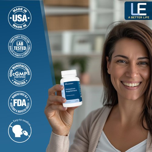 Life Enhancement High Absorption Potassium Supplement for Muscle, Brain & Bone Health - No Additives High Potency Elemental Potassium Supplement, Made in USA (120 Capsules – 60 Servings)