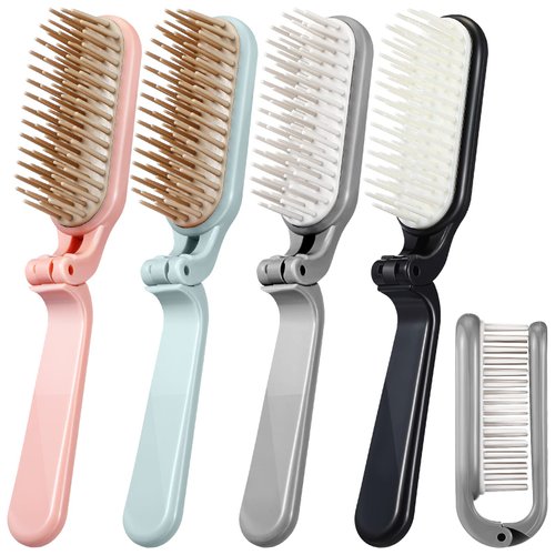 Yinkin 4 Pieces Folding Hair Brush Mini Foldable Hair Combs Compact Portable Pocket Size Travel Hair Brush for Women Men Family School Travel Car Gym Bag Purse (Multicolor)