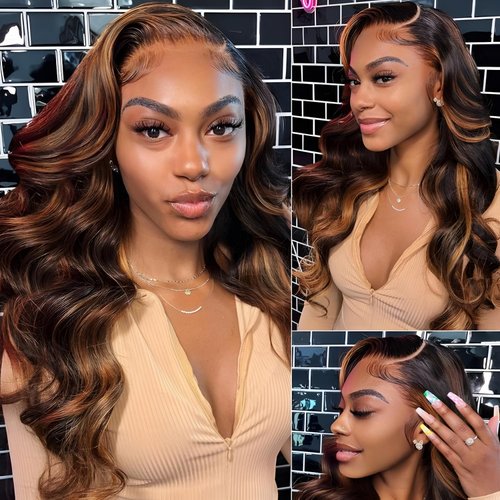 BMNH 28 Inch Ombre Lace Front Wig Human Hair Pre Plucked 13x6 Body Wave HD Lace Front Wigs Human Hair FB/30 Highlight Lace Front Wig Human Hair 180% Density Balayage Wig Human Hair Glueless Wigs
