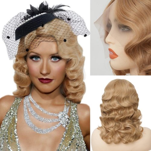 Salaibs Blonde Finger Wave Lace Front Wig Curly Long Wig Vintage Wigs for Women Lady Synthetic Heat Resistant Full Wigs 1920s Cosplay Costume Wig