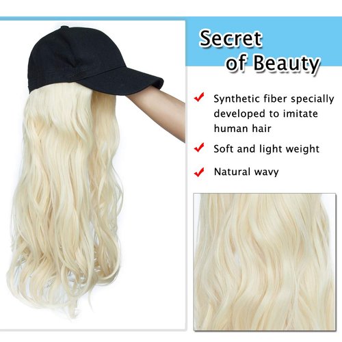 SEGO Baseball Cap with Hair Extensions for Women Adjustable Hat with Hair Attached Synthetic Long Wavy Wig with Black Hat Stylable for Pigtail Ponytail 16 Inch Bleach Blonde 290g