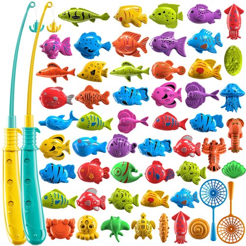 TEMI Fishing Toy Game for Kids 3 4 5 6 7 8 Years Old, Bath Toy for Toddlers, Toy Magnetic Fishing Rod and Fishing Net, Outdoor Water Toys for Kids Age 3-5, Party Toy for Boy and Girl