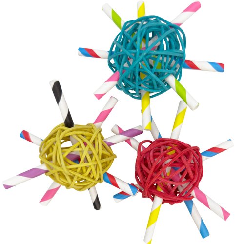 2154 Pk3 Rainbow Vine Chews - Colorful chewable Natural Bird Foot Toys, Brightly Colored Rattan Vine Balls, Assorted Paper Straws, Lightweight, Easy to Shred Materials, Great for sm to med Size Pets
