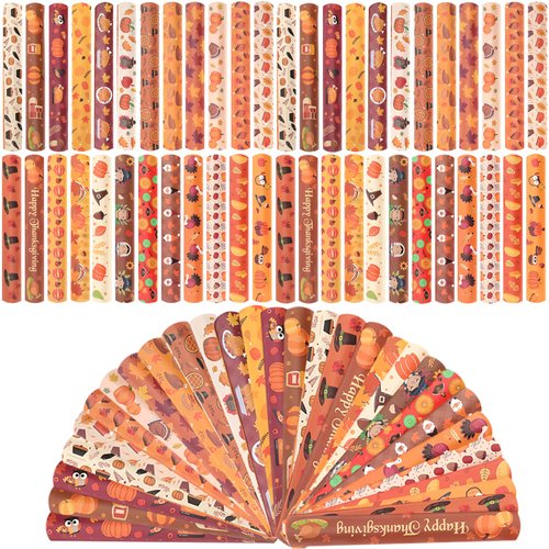 WIQEDOHA 96PCS Thanksgiving Maple leaf Themed Slap Bracelets for Thanksgiving Party Favors, Fall party Favors,Birthday Party Favors,Classroom Prizes ,24 Designs