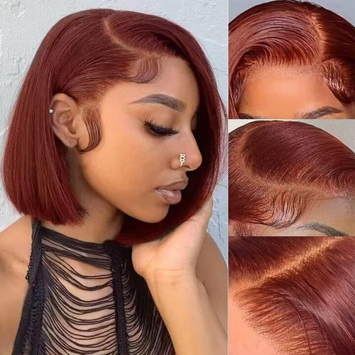 RQY Reddish Brown Bob Wig Human Hair, 8inch Short Straight Bob Lace Front Wigs Human Hair 180% De...