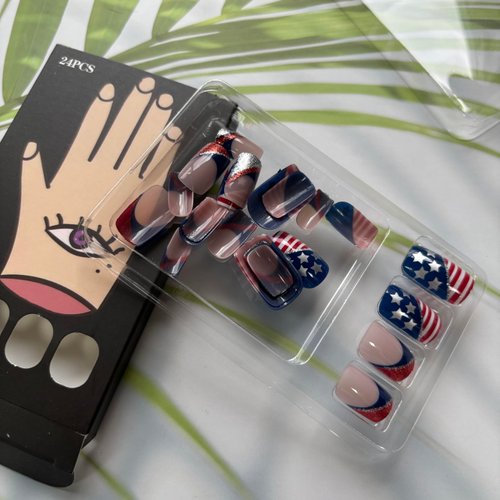 4th of July Press on Nails Independence Day Fake Nails Short Square False Nails with Blue Glitter Designs Nude Glue on Nails French Tip Stick on Nails Full Cover Acrylic Nails Glossy Artificial Nails