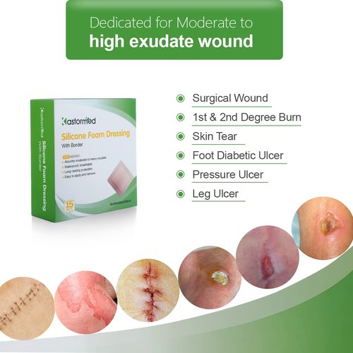 Silicone Adhesive Foam Dressing with Gentle Border 4"x4" 15 Pack, Painless Removal Highly Absorbent Bed Sore Wound Bandage for Leg Ulcer, Foot Diabetic Ulcer Wound Care