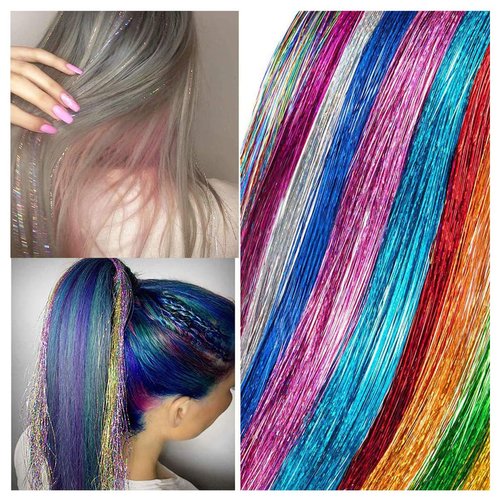 Sparkling Shiny Multi-Colors Hair Tinsel Strands - 12 Colors, 2800 Strands, Colored Party Highlights, Glitter Bling Synthetic Hair Streaks