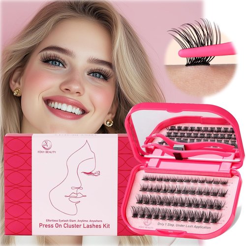 Self Adhesive Eyelashes - 48PCS Pre Glued Lash Clusters Kit With Tweezers,1 Step Press On,10-16MM D Curl, DIY Lash Extension Kit No Glue Needed,Lash Case With Mirror,Delicate & Wispy Lash