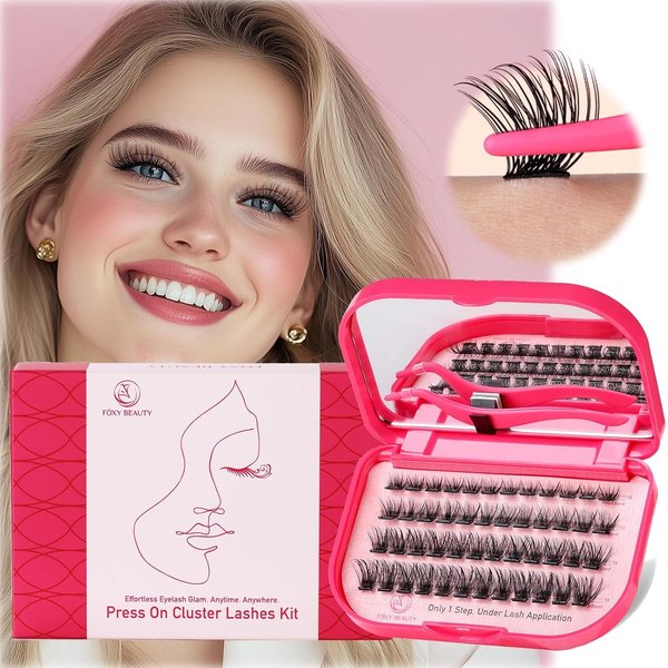 Self Adhesive Eyelashes - 48PCS Pre Glued Lash Clusters Kit With Tweezers,1 Step Press On,10-16MM D Curl, DIY Lash Extension Kit No Glue Needed,Lash Case With Mirror,Delicate & Wispy Lash