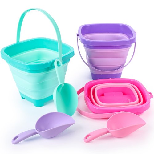 Shindel 3 PCS Foldable Pail Bucket, Collapsible Beach Buckets with Shovels, Travel Sand Toys for Beach, Fun Summer Activities, Beach Essentials, Toddler Beach Toys