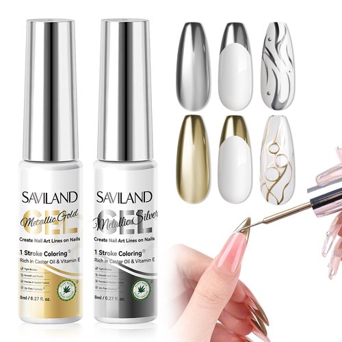 SAVILAND Metallic Gel Nail Polish Liner Christmas Nail Art Pen: 2 Pcs Silver&Gold Metallic Gel Liner Nail Art VE Castor Oil Mirror Chrome Gel Polish Nail Charms Salon DIY Manicure Curing Require