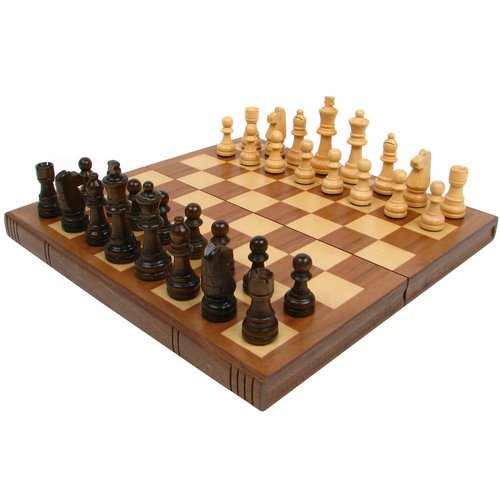 Hey! Play! Walnut Chess Set with Carved Staunton Pieces - Folding Wood Book-Style Board with Interior Storage - Classic Board Game