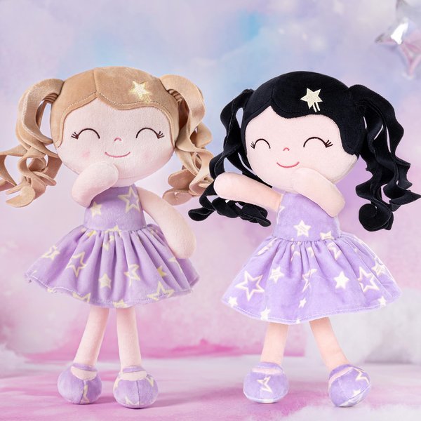 Gloveleya Baby Dolls Soft Snuggly First Baby Girl Gifts Soft Doll for Dark Hair Girls with Star Printed Purple Dress 12inches Galaxy Series