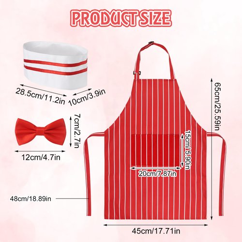 1950s Waiter Costume Kit, Soda Jerk Costume Kit Red and White Striped Apron with 2 Pockets, Soda Jerk Chef Hat Red Bow Ties Adjustable Kid Striped Apron for Kid Boy Girl Costume Cosplay Party
