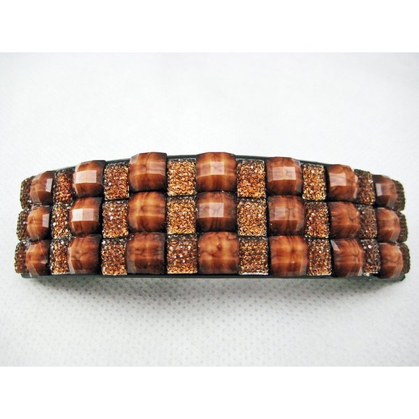 Brown Sparkly Rectangle Curved Barrette Hair Clip 3 5/8" Long Faceted Crystal Beads
