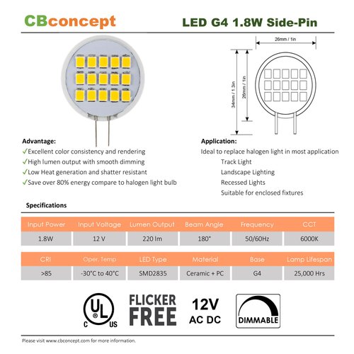 CBconcept UL Listed, SidePin G4 LED Light Bulb, 10 Pack, 1.8 Watt, Dimmable,220 Lumen, Pure White 6000K, 180 Degree Beam Angle, 12 Volt,20W Equivalent, G4 Bi Pin Base Halogen Replacement Bulb