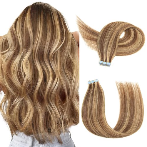 TANJET Tape in Human Hair Extensions Balayage #P4/24 20 Inch Medium Brown Highlights Straight Invisible Seamless Skin Weft Thick Soft Silky Hair Extensions Tape in (#P4/27 20 Inch 20pcs 50g/Pack)