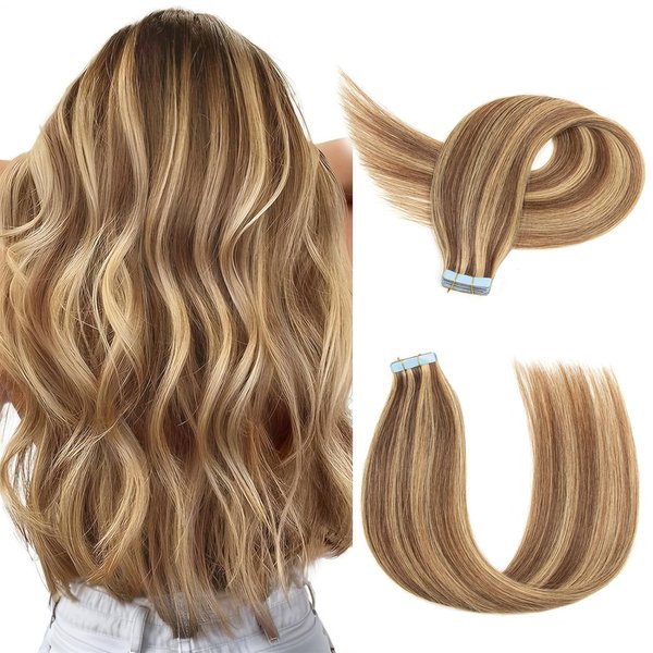 TANJET Tape in Human Hair Extensions Balayage #P4/24 20 Inch Medium Brown Highlights Straight Invisible Seamless Skin Weft Thick Soft Silky Hair Extensions Tape in (#P4/27 20 Inch 20pcs 50g/Pack)