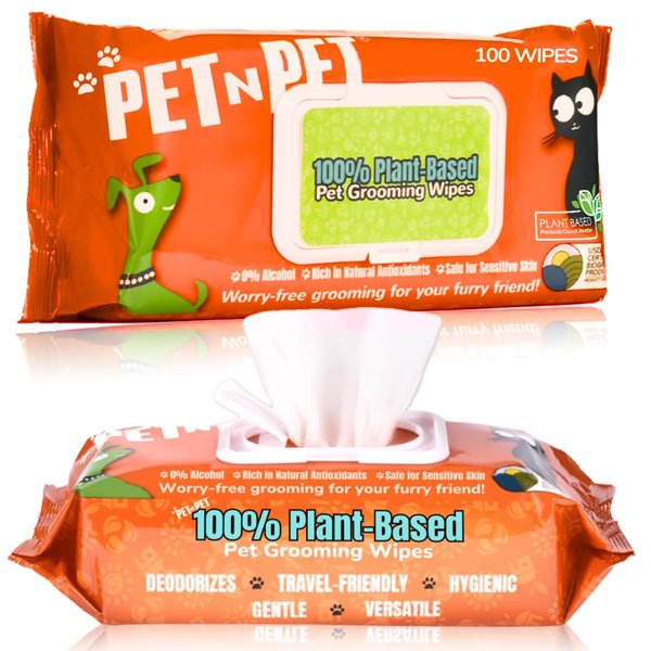 PET N PET 100% Plant Based Dog Wipes for Paws and Butt, 100 Counts Dog Pet Wipes, 8" x 8" Hypoallergenic Unscented Dog Wipes, Cleaning Deodorizing Cat Wipes, Puppy Wipes, Dog Paw Wipes, Dog Face Wipes