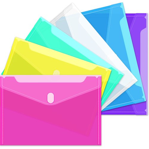 Sooez 6 Pack Plastic Envelopes, Plastic File Folders for Documents, Clear School Folder, Colored File Folders Letter A4 Size, Waterproof Poly Envelopes with Closure, 6 Color