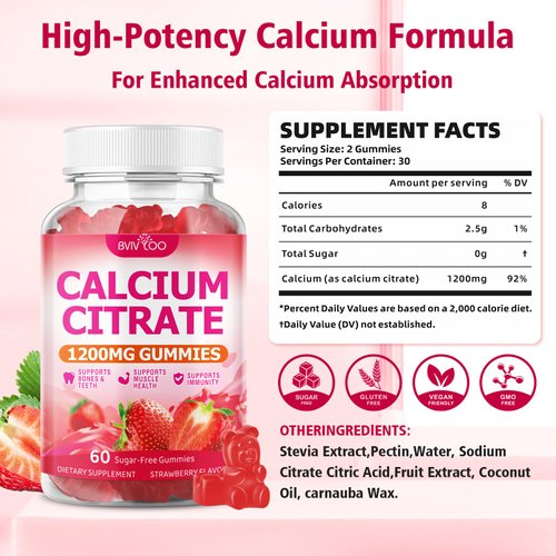2 Packs High Absorption Calcium Citrate Gummies 1200mg - Bone & Teeth Support for Adults & Kids, Vegan Sugar-Free Gummies, Strawberry Flavor, 120 Count