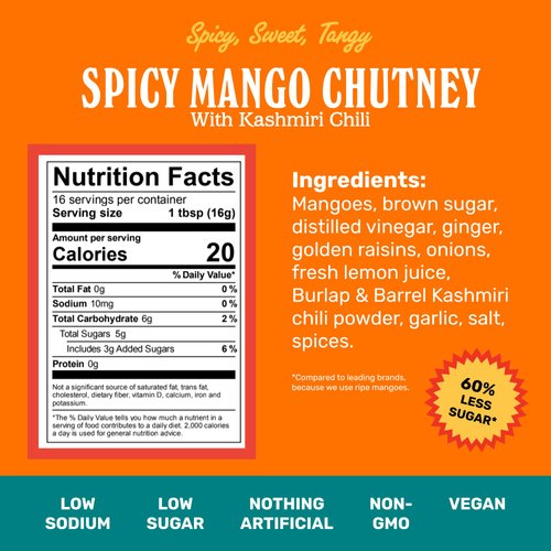 Brooklyn Delhi Spicy Mango Chutney | Made with Ripe Mangos, Fresh Ginger, and Heirloom Kashmiri Chili Peppers | Vegan, Nothing Artificial (Pack of 1)