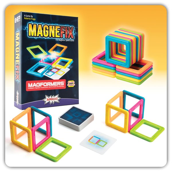 AMIGO Magnefix Magnetic Tile Game - Fun Board Game for Family Game Night or Parties. A Race Game with Magnet Tiles and Puzzle Solving. Fun for Kids, Teenagers and Adults. Official Magformer Pieces.