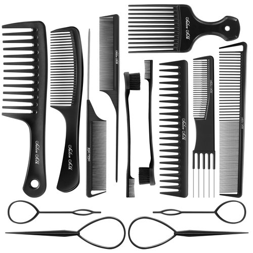 SALONSILK Women Hair Comb Set - 14PCS Wide Tooth Comb Rat Tail Combs - Styling Combs Pick for Curly - Teasing Parting Fine Comb - Professional Barber Cutting Braiding Combs Set
