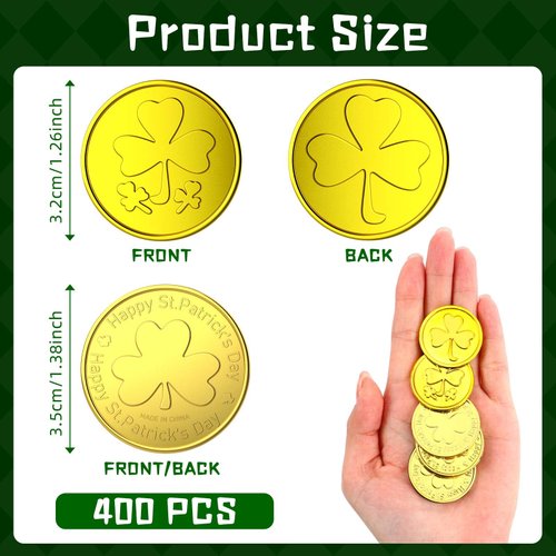 Sanwuta 400 Pieces St. Patrick's Day Gold Coins Plastic Lucky Coins Shamrock Leprechaun Coins St Patricks Day Decorations with 3 Leaf Clover for St. Patrick's Day Party Decoration(Assorted Style)