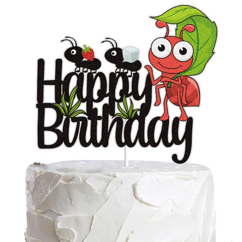 Ant Happy Birthday Cake Topper Black Glitter Insect Theme Party Supplies for Boys Girls Kids