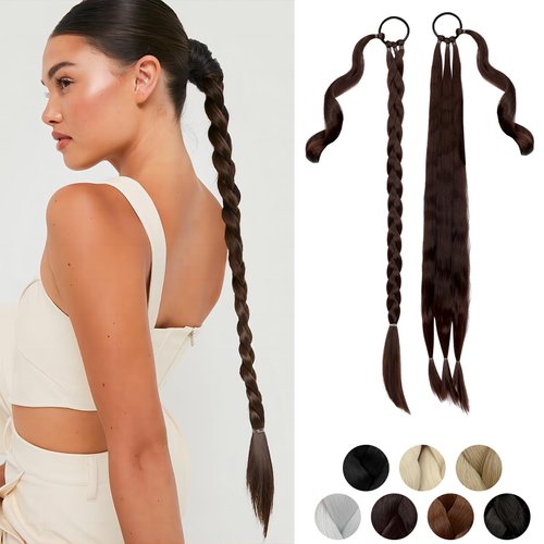 Cephermer Braided Ponytail Extension 26'' 30'' DIY Long Braid Hair Extensions Ponytail with Elastic Tie Straight Wrap Around Natural Soft Synthetic Hairpiece for Women Medium Brown
